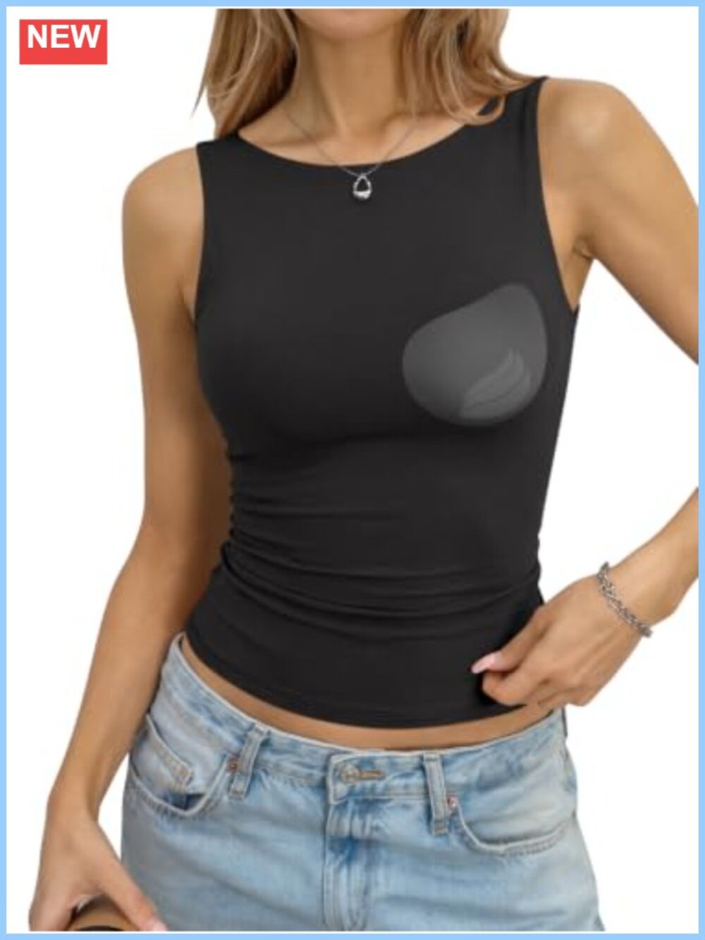 Womens Padded Double Lined Tank Top Built in Bra Boat Neck Sleeveless Fitted T